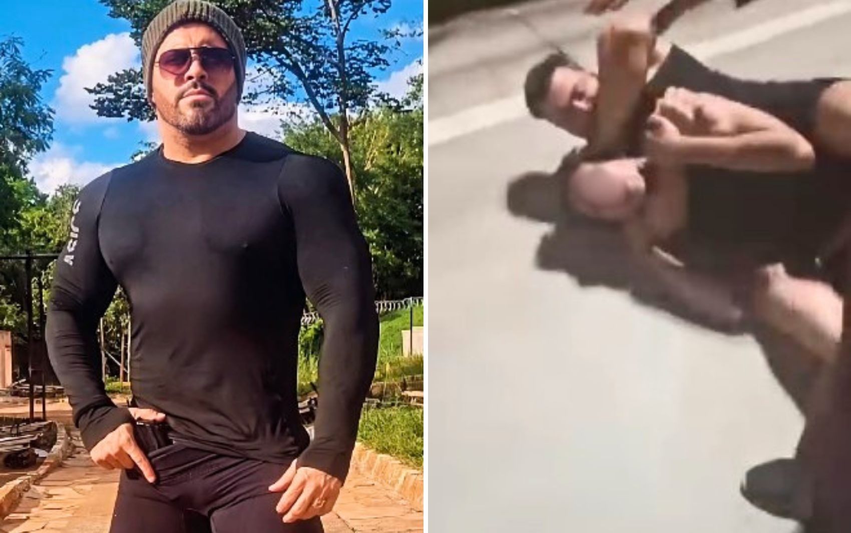 Rafael Gomes Pereira segurou o adolescente com um golpe por cerca de 1 minuto — Foto: Reprodução/Instagram de Rafael Gomes e Arquivo Pessoal/Vivian Pereira