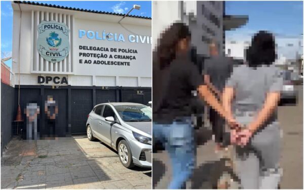 Mãe e padrastro sendo presos suspeitos de estupro de criança de 9 anos — Foto: Divulgação/ PC