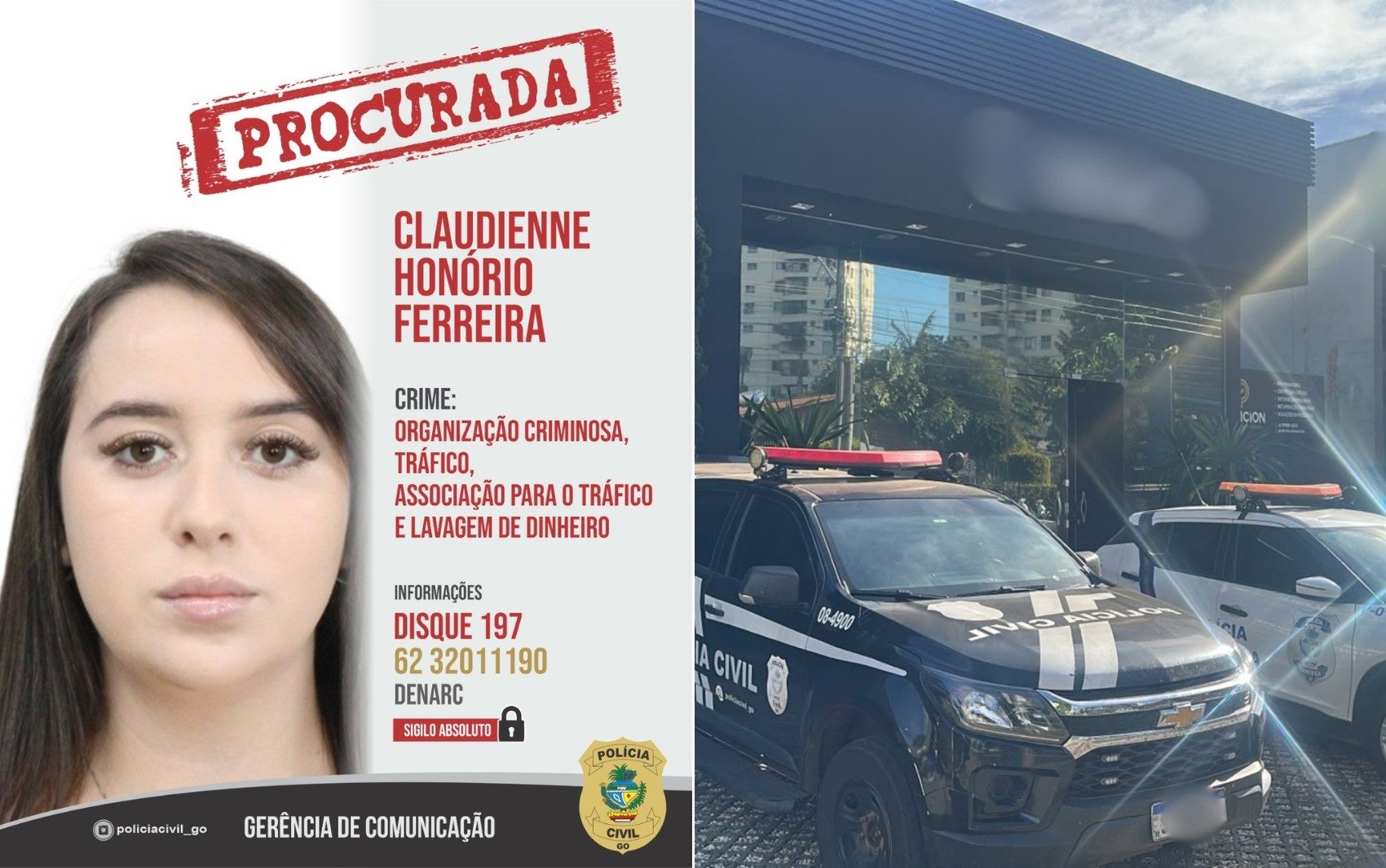 Polícia Civil divulga cartaz de procurada de Claudienne Honório Ferreira, investigada por suposta participação no esquema de lavagem de dinheiro da Operação Cifra Oculta — Foto: Divulgação/Polícia Civil de Goiás