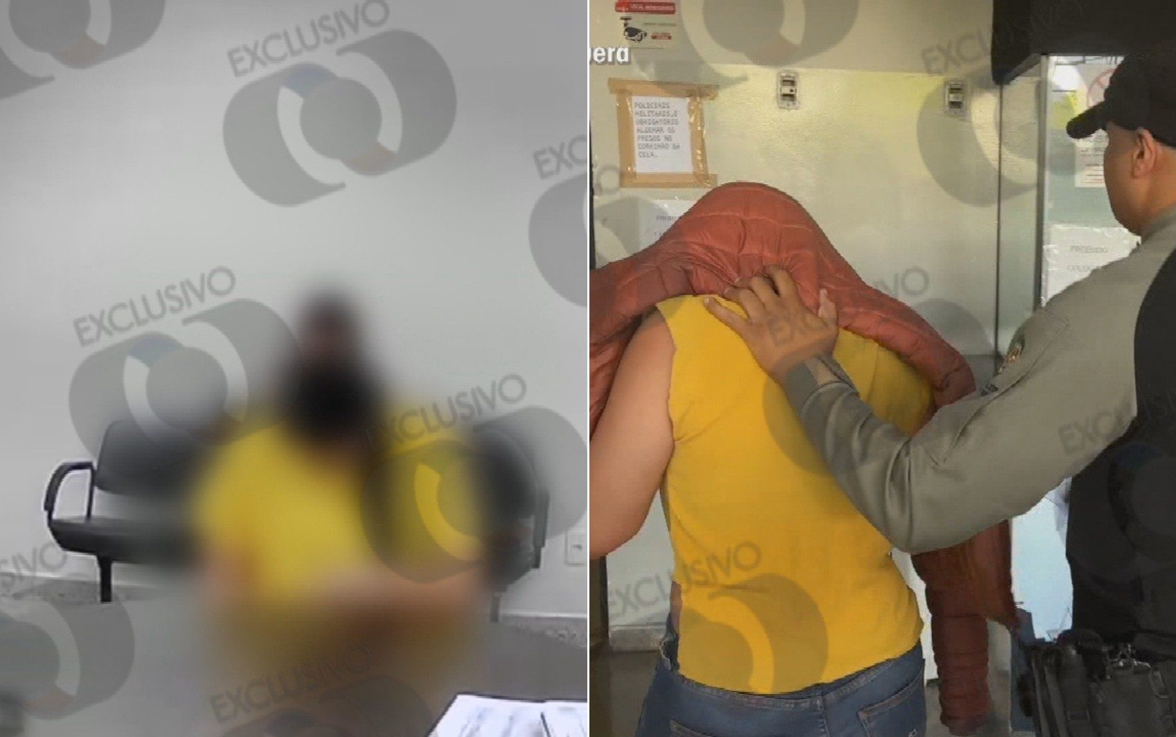À esquerda, mãe do menino durante audiência de custódia; à direita, momento em que ela é levada por policiais após a prisão em flagrante, em Goiânia — Foto: Reprodução/TV Anhanguera