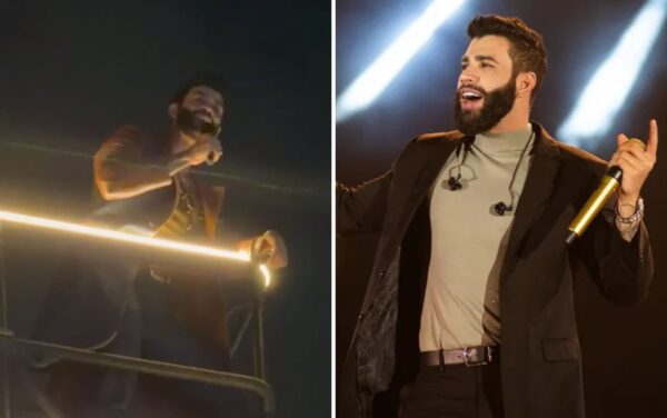 Gusttavo Lima chora em show ao se lembrar início de carreira, em Goiás — Foto: Arquivo Pessoal/Rhuan Dias e Érico Andrade/g1
