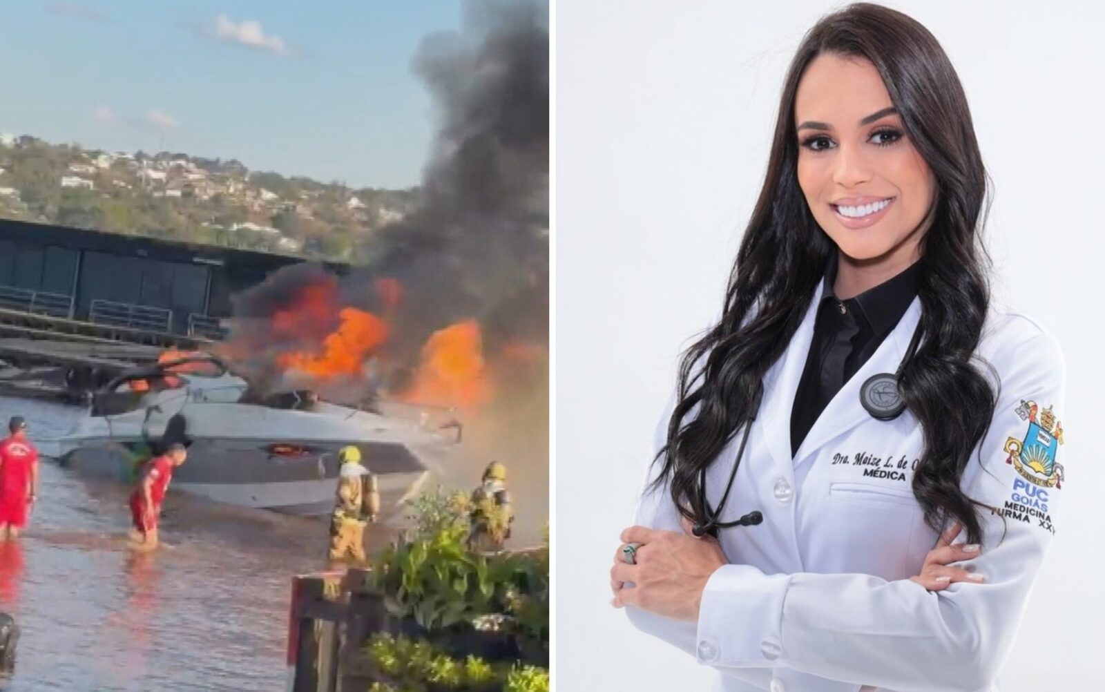 Médica de Goias está entre os feridos de lancha que explodiu no Lago Paranoá (DF) — Foto: Reprodução/TV Anhanguera e Instagram de Maize Oliveira
