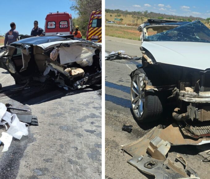 Carro ficou destruído depois de batida na GO-080 — Foto: Divulgação/Corpo de Bombeiros