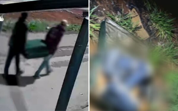 Vídeo mostra dupla carregando mala achada com corpo em Goianira — Foto: Reprodução/TV Anhanguera