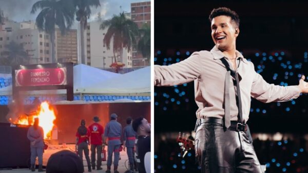 Fogo em carrinho de pipoca antes do show de Luan Santana — Foto: Montagem/Reprodução/TV Anhanguera e Larissa Sav