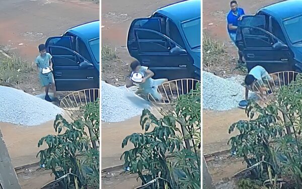 Momento em que menino cai segurando o bolo. — Foto: Arquivo Pessoal/Cláudio de Jesus